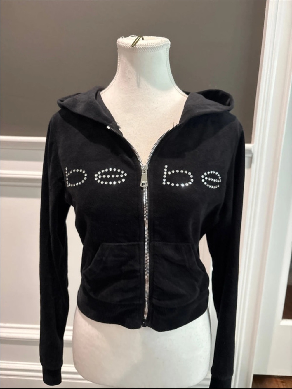 bebe Black Rhinestone Logo Zip Velour Hoodie Y2K